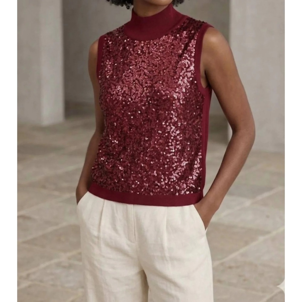 NWT STARKx Georgia Ruby Vest Top Mock Neck Sequin Front Knit Sleeveless Top S - Picture 1 of 10